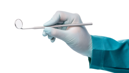 a gloved hand holding a dental mirror, a close-up view of the hand and dental tool, emphasizing precision and care in dentistry