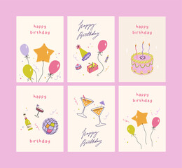 Birthday card big set. Trendy greeting cards with ruffle cake, helium balloons, party hat, gifts, disco ball. Trendy and elegant vector illustration templates in simple style