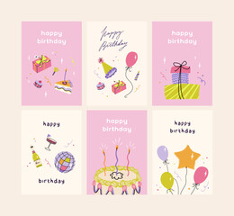 Birthday card big set. Trendy greeting cards with ruffle cake, helium balloons, party hat, gifts, disco ball. Trendy and elegant vector illustration templates in simple style