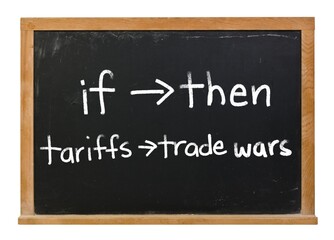 Obraz premium If then conditional statement about tariffs written in white chalk on a black chalkboard