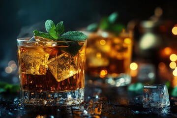 Two glasses of whiskey with ice and mint on a dark table