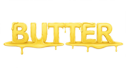 The word butter spelled out in a dripping yellow butter font on a white background design element