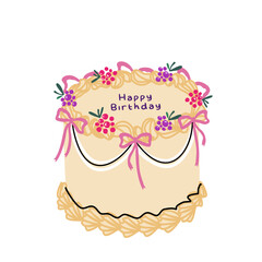 Ruffled cake in coquett trendy style with raspberry and bow. Happy Birthday concept. Flat cute vector sticker isolated on white background