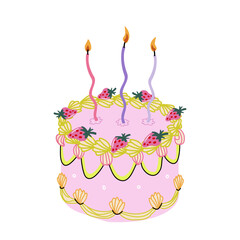 Ruffled cake in coquett trendy style with strawberry and curwed candles. Flat cute vector sticker isolated on white background