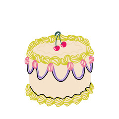 Ruffled cake in coquett trendy style with cherry. Flat cute vector sticker isolated on white background