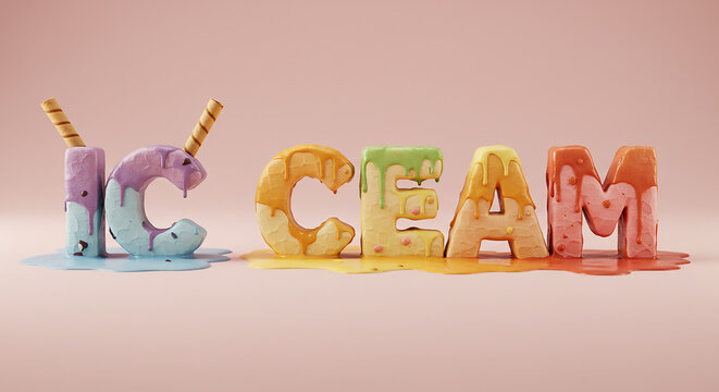 Ice cream text art with melting effect and waffle sticks on a pink background sweet treat concept