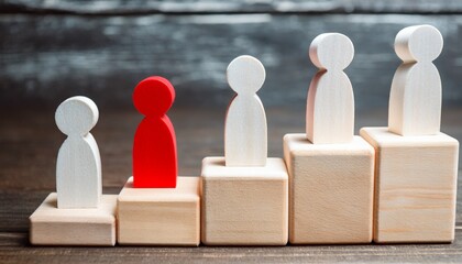 Business concept: The image features wooden figurines standing on ascending blocks, symbolizing a business concept. One figurine is red, signifying uniqueness, while the others are white.