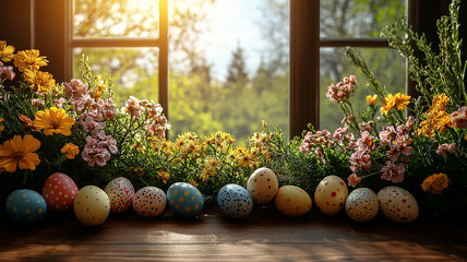 A wooden fence in a spring garden features a colorful flower bouquet, a fresh decoration celebrating nature's season
