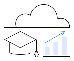 Graduation cap under cloud with upward trend graph visualizing e-learning, academic success, career advancement. Ideal for online education, data analysis, progress monitoring, career growth, edtech