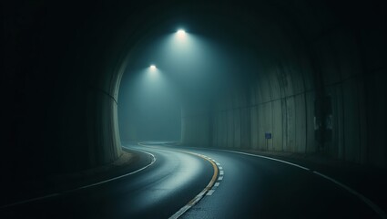 A narrow tunnel with a stone archway, shrouded in fog, leads through steep cliffs, creating an eerie, mysterious atmosphere.