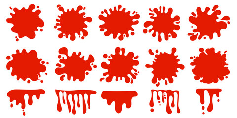 Halloween red dripping splashes blots isolated on white background. Ideal blood blobs for stickers, party decoration. 