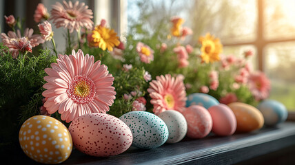 Colorful easter eggs in a basket, a spring celebration with floral beauty