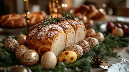 Delicious homemade Christmas cookies with nuts and raisins, alongside a sweet easter cake with eggs, present a tasty baked dessert