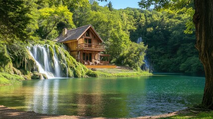 Obraz premium Serene wooden cabin nestled beside a cascading waterfall and tranquil lake in a lush forest