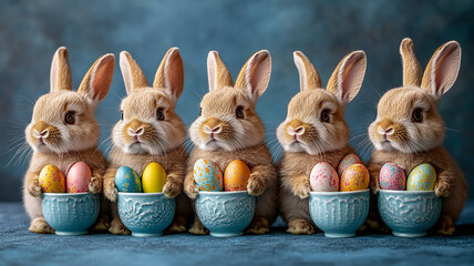 Cute spring holiday easter bunny with colorful eggs in a basket