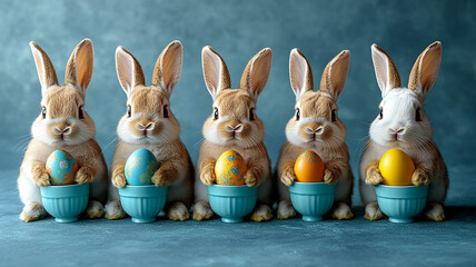 Cute pink toy rabbit with colorful Easter eggs celebrates the spring holiday