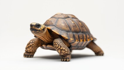 Naklejka premium Close-up of a turtle with a brown shell against a white background.
