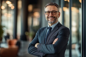 Fototapeta premium A confident man in a suit and glasses smiles with his arms crossed.