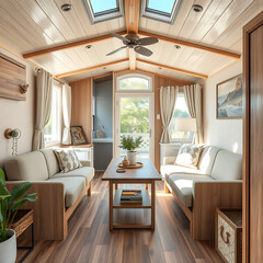High-quality photos of well-designed and neatly arranged mobile homes: perfect HD content for professional websites, catalogs, social media, or tourism and hospitality projects.