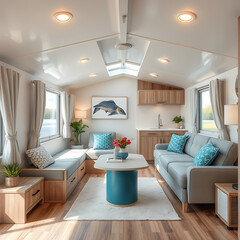 High-quality photos of well-designed and neatly arranged mobile homes: perfect HD content for professional websites, catalogs, social media, or tourism and hospitality projects.