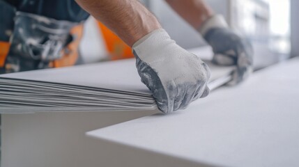 Drywall installer cutting and hanging drywall sheets. Featuring efficiency and craftsmanship