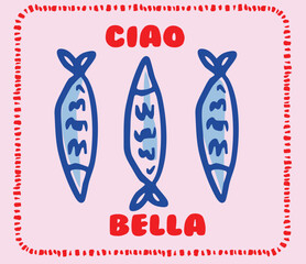 Sardines fish trending tapas pink Europe italy euro Amalfi Italia checker Graphic Tee t-shirt logo slogan graphic artwork typography tote badge emblem doodle fishes sardine seafood lobster crab 