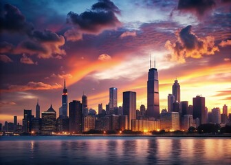 Chicago Skyline Silhouette - Dramatic Cityscape at Dusk, Candid Photography