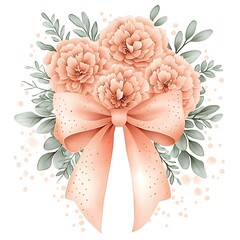 A romantic watercolor bouquet with a peach bow and polka dot accents