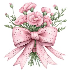 Delicate floral bouquet with blush carnations and polka dot ribbon