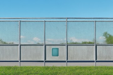Fototapeta premium Wire mesh fence along an open field under a clear blue sky