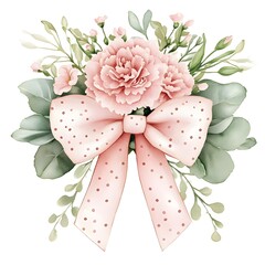 Watercolor floral bouquet with a pink polka dot bow