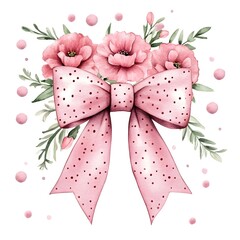 A chic watercolor clipart design with a soft pink bow and floral arrangement