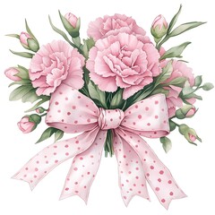 Elegant Watercolor Bouquet with Blush Carnations and Polka Dot Bow