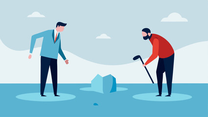 Breaking the Ice A man standing on a frozen lake labeled Stigma trying to break the ice with a hammer while approaching another man to talk illustrating the challenges of starting