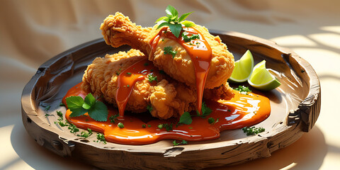 Golden Fried Chicken Drumsticks with Spicy Sauce and Herb Garnish on Brown Plate