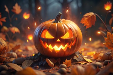 Cheerful Grinning Jack-o'-Lantern in Autumn Leaves, Shallow Depth of Field