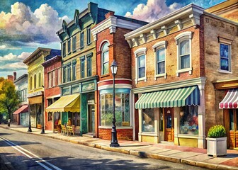 Fototapeta premium Charming Midwest Small Town Main Street Shops - Ornate Storefronts & Candid Photography