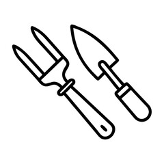 Outline gardening tools illustration: trowel and hand fork for planting and garden care tasks
