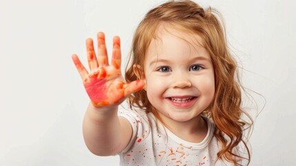 Child with paint on hands and clothes, children's art and fun, educational projects, advertising children's products.