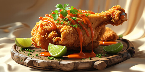 Crispy Fried Chicken Leg with Sauce Cilantro and Lime Slices on Wooden Platter
