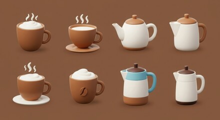 Obraz premium 3D coffee and tea icons, steaming mugs, teapots, milk froth, cozy and aesthetic