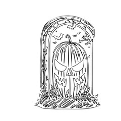 Halloween Tombstone Pumpkin Face Artistic Sketch