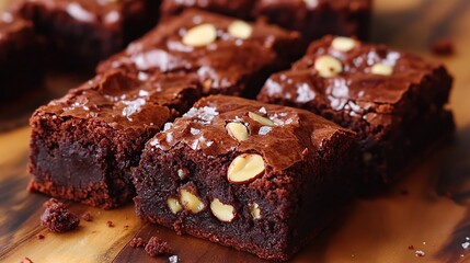 Chocolate brownies with a dense fudge center, topped with crunchy almond nuts