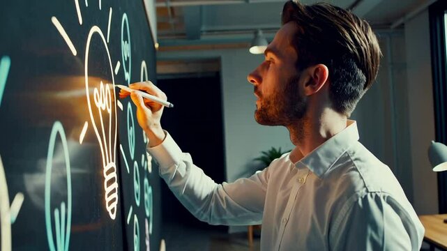 Focused businessman drawing a light bulb and other icons on an interactive whiteboard, symbolizing innovation and idea generation in a modern office environment