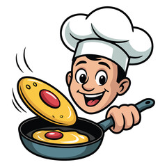 Smiling cartoon chef flipping pancakes in frying pan, fun cooking illustration with happy expression