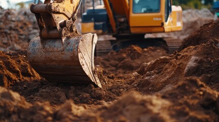 Fototapeta premium Excavator operator removing dirt to prepare for foundation. Featuring power and precision