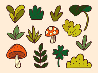 Cute Botanical and Mushroom Doodle. A collection of 13 hand drawn leaves bushes clovers and mushrooms in a playful cartoon style perfect for nature themes forest scenes and kids illustrations