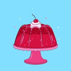 Cherry red jelly in a pink plate. Vector graphics.