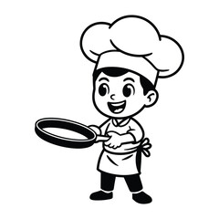 Cartoon chef flipping food in frying pan, playful black and white cooking illustration