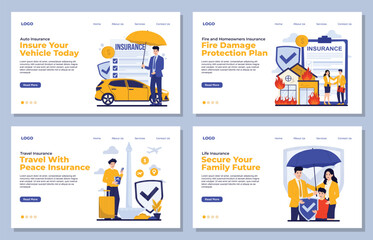 Landing page template Insurance set illustration set of insurance types, including life, health, auto, property, fire homeowners, and travel insurance protection symbols